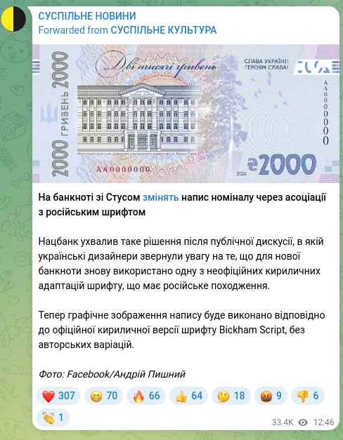 Screenshot of a Telegram post: Pyshnyy Andriy Hryhorovych — На банкноті зі Стусом змінять напис номіналу через асоціації з р…