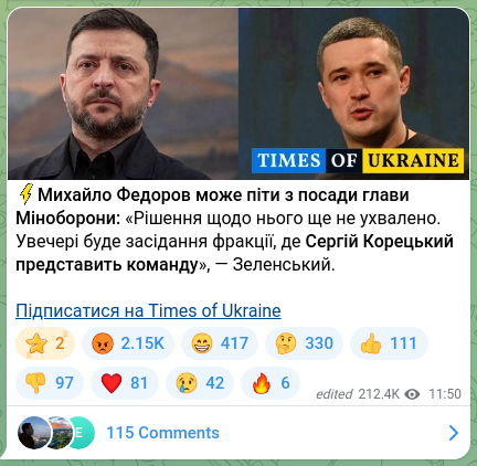 Скріншот Telegram-публікації: Корецький Сергій Федорович — ⚡️Михайло Федоров може піти з посади глави Міноборони: «Рішення…