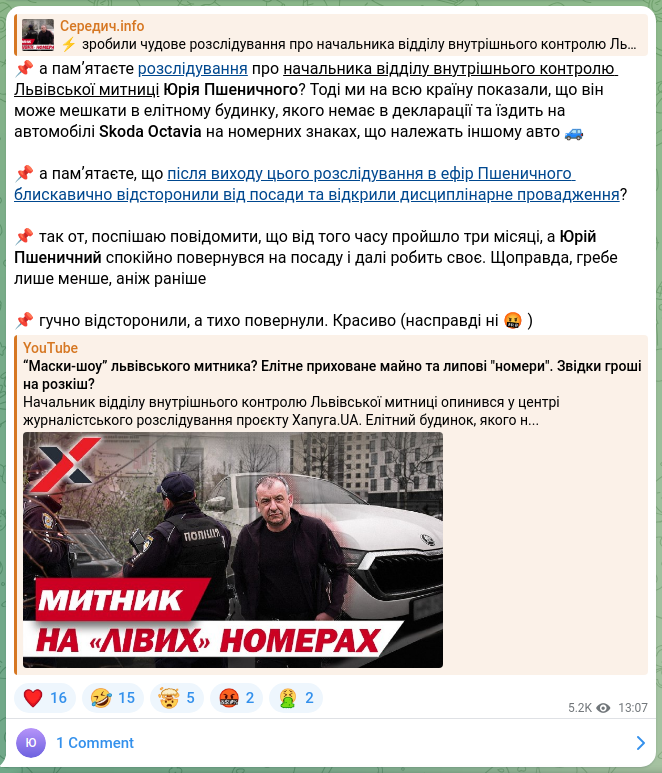 Screenshot of a Telegram post: Pshenychny Yuriy Ivanovych — 📌а памʼятаєте розслідування про начальника відділу внутрішнього…
