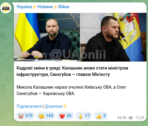 Screenshot of a Telegram post: Synehubov Oleh Vasyliovych — Кадрові зміни в уряді: Калашник може стати міністром інфраструкт…