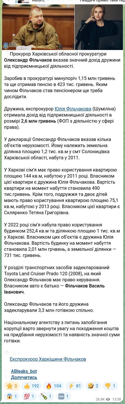 Скріншот Telegram-публікації: Фільчаков Олександр Вадимович — 📖Прокурор Харківської обласної прокуратури Олександр Фільчако…