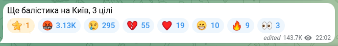 Скріншот Telegram-публікації: Ще балістика на Київ, 3 цілі