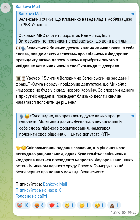 Screenshot of a Telegram post: Zelenskyy Volodymyr Oleksandrovych — 👀🗣Зеленський близько десяти хвилин «вичавлював із себе…