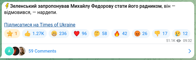 Скріншот Telegram-публікації: Федоров Михайло Альбертович — ⚡️Зеленський запропонував Михайлу Федорову стати його радником,…