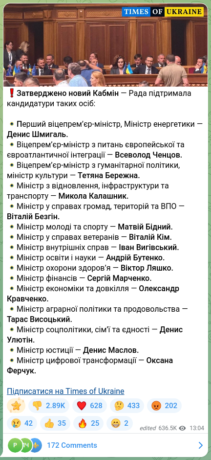Screenshot of a Telegram post: Liashko Viktor Kyrylovych — ❗️Затверджено новий Кабмін — Рада підтримала кандидатури таких о…