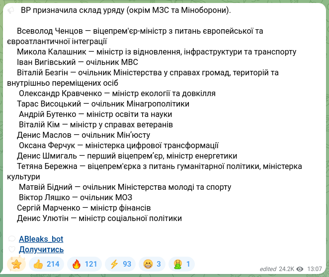 Screenshot of a Telegram post: Liashko Viktor Kyrylovych — 🔈 ВР призначила склад уряду (окрім МЗС та Міноборони). ✔️Всеволо…