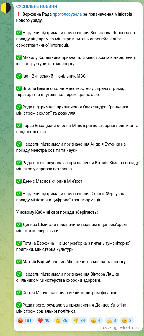 Screenshot of a Telegram post: Liashko Viktor Kyrylovych — ❗ Верховна Рада проголосувала за призначення міністрів нового ур…