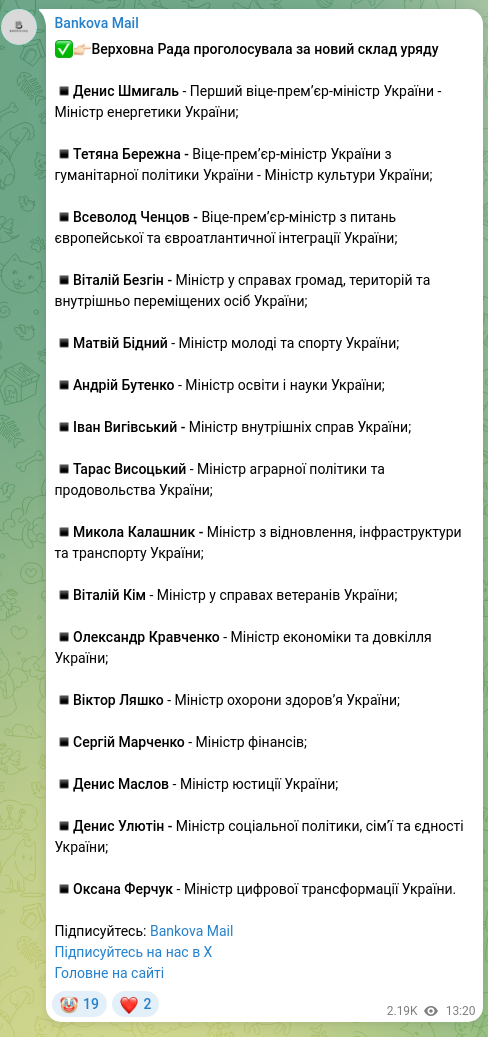 Screenshot of a Telegram post: Liashko Viktor Kyrylovych — ✅👉🏻Верховна Рада проголосувала за новий склад уряду ▪️Денис Шм…