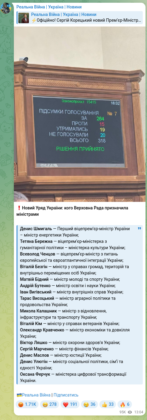 Screenshot of a Telegram post: Liashko Viktor Kyrylovych — ❗️Новий Уряд України: кого Верховна Рада призначила міністрами Д…