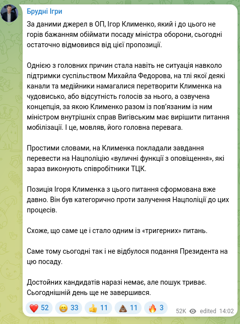 Скріншот Telegram-публікації: Федоров Михайло Альбертович — За даними джерел в ОП, Ігор Клименко, який і до цього не горів б…