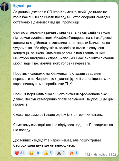 Скріншот Telegram-публікації: Федоров Михайло Альбертович — За даними джерел в ОП, Ігор Клименко, який і до цього не горів б…
