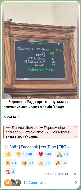 Screenshot of a Telegram post: Liashko Viktor Kyrylovych — ⚡️Верховна Рада проголосувала за призначення нових членів Уряду…