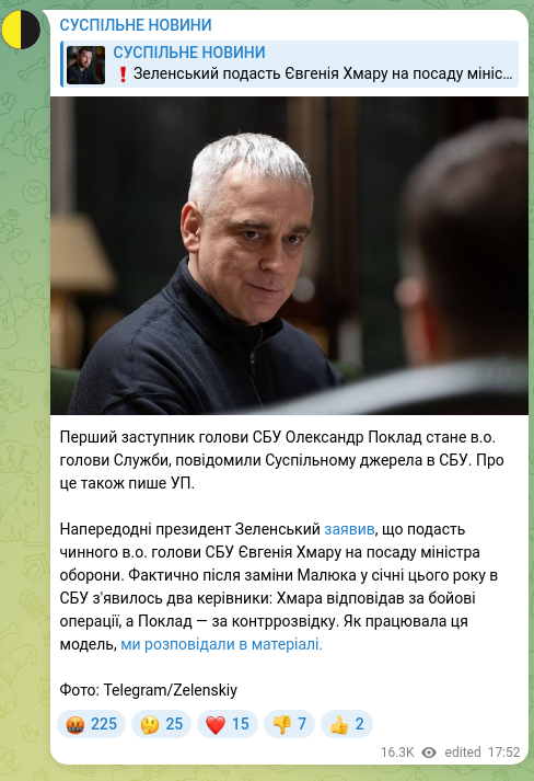 Screenshot of a Telegram post: Poklad Oleksandr Valentynovych — Перший заступник голови СБУ Олександр Поклад стане в.о. голо…