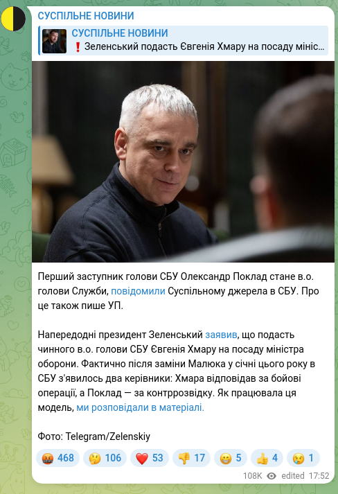 Screenshot of a Telegram post: Poklad Oleksandr Valentynovych — Перший заступник голови СБУ Олександр Поклад стане в.о. голо…