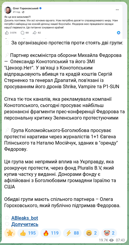 Скріншот Telegram-публікації: Гороховський Олег Володимирович — 🔒 За організацією протестів проти стоять дві групи: 📌Партн…