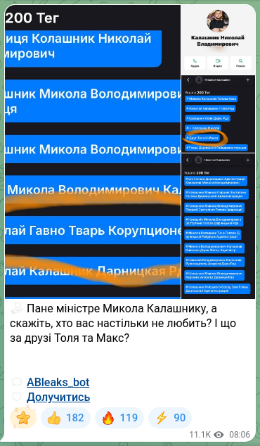 Скріншот Telegram-публікації: Калашник Микола Володимирович — ☑️ Пане міністре Микола Калашнику, а скажіть, хто вас настільк…