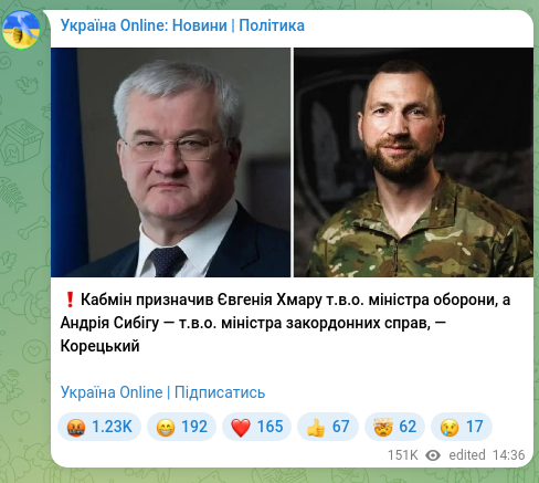 Screenshot of a Telegram post: Sybyha Andriy Ivanovych — ❗️Кабмін призначив Євгенія Хмару т.в.о. міністра оборони, а Андрія…