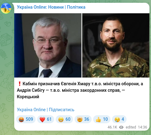 Screenshot of a Telegram post: Sybyha Andriy Ivanovych — ❗️Кабмін призначив Євгенія Хмару т.в.о. міністра оборони, а Андрія…