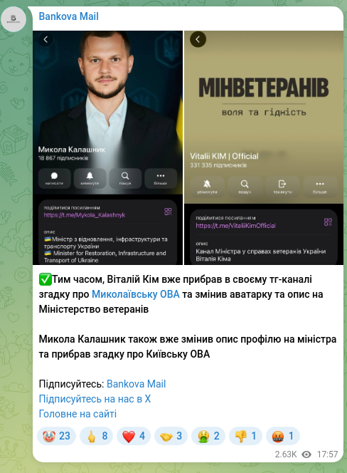 Скріншот Telegram-публікації: Калашник Микола Володимирович — ✅Тим часом, Віталій Кім вже прибрав в своєму тг-каналі згадку…