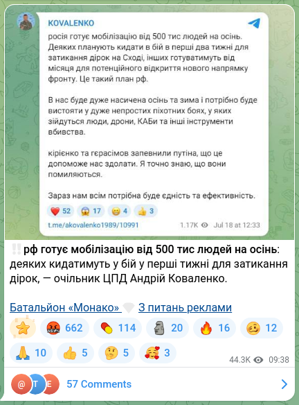 Скріншот Telegram-публікації: Коваленко Андрій Валерійович — ‼️рф готує мобілізацію від 500 тис людей на осінь: деяких кидат…