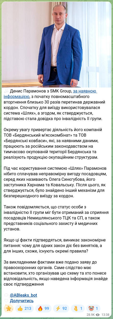 Screenshot of a Telegram post: Synehubov Oleh Vasyliovych — ☑️ Денис Парамонов з SMK Group, за наявною інформацією, з початк…
