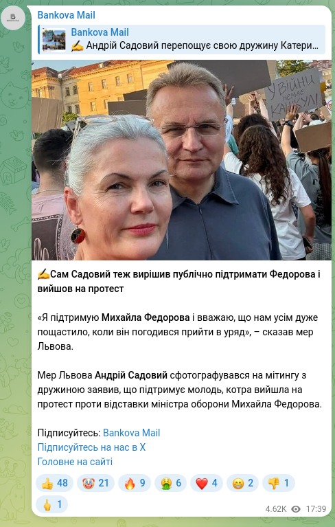 Screenshot of a Telegram post: Fedorov Mykhailo Albertovych — ✍️Сам Садовий теж вирішив публічно підтримати Федорова і вийшо…