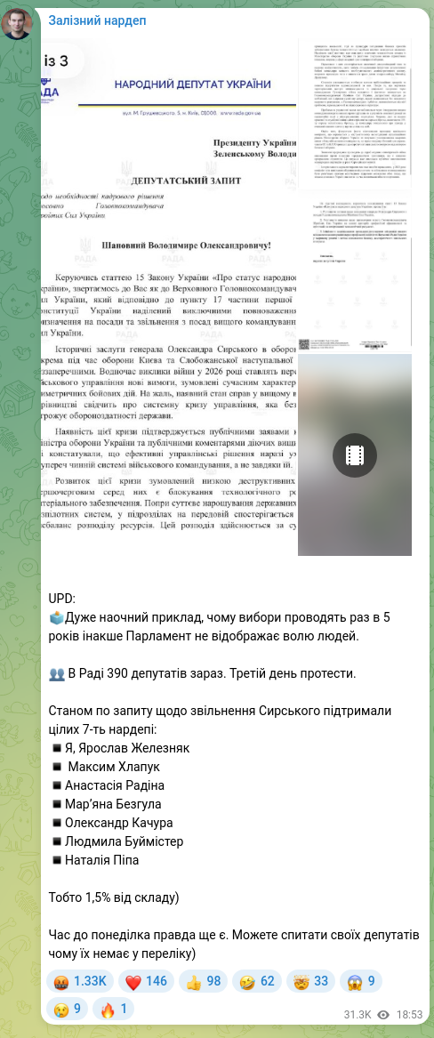 Screenshot of a Telegram post: Kachura Oleksandr Anatoliyovych — UPD: 🗳️Дуже наочний приклад, чому вибори проводять раз в 5…
