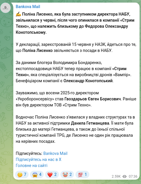 Screenshot of a Telegram post: Hetmantsev Danylo Oleksandrovych — ✍️ Поліна Лисенко, яка була заступником директора НАБУ, зв…