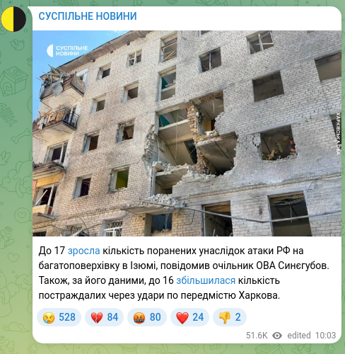 Screenshot of a Telegram post: Synehubov Oleh Vasyliovych — До 17 зросла кількість поранених унаслідок атаки РФ на багатопов…
