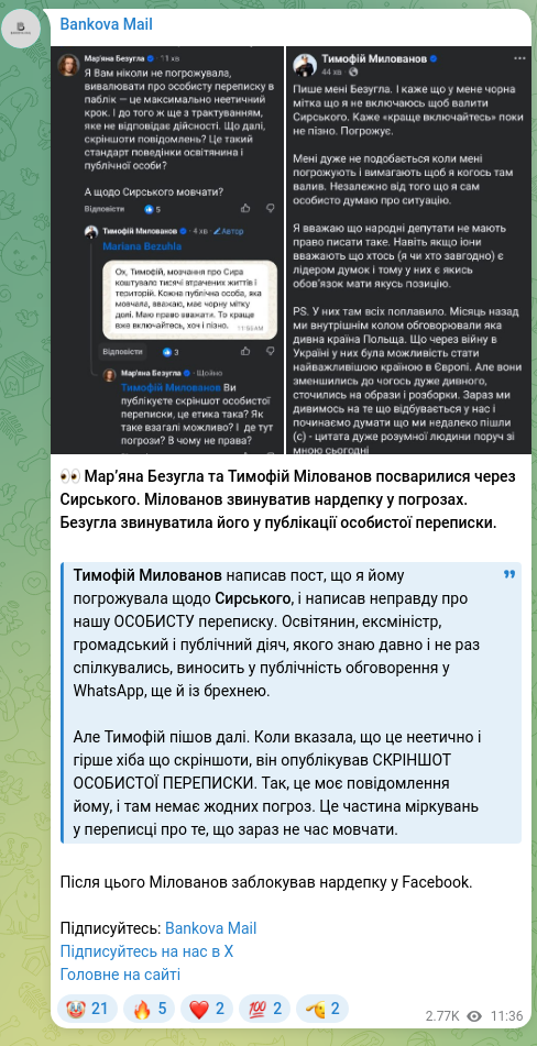Скріншот Telegram-публікації: Безугла Мар'яна Володимирівна — 👀 Мар’яна Безугла та Тимофій Мілованов посварилися через Сирс…