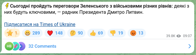 Screenshot of a Telegram post: Lytvyn Dmytro Volodymyrovych — ⚡️Сьогодні пройдуть переговори Зеленського з військовими різн…