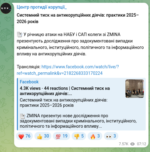 Скріншот Telegram-публікації: Системний тиск на антикорупційних діячів: практики 2025–2026 років 📑 У річницю…