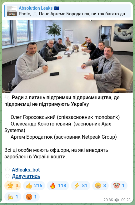 Скріншот Telegram-публікації: Бородатюк Артем Ігорович — 🧩 Ради з питань підтримки підприємництва, де підприємці не підтрим…