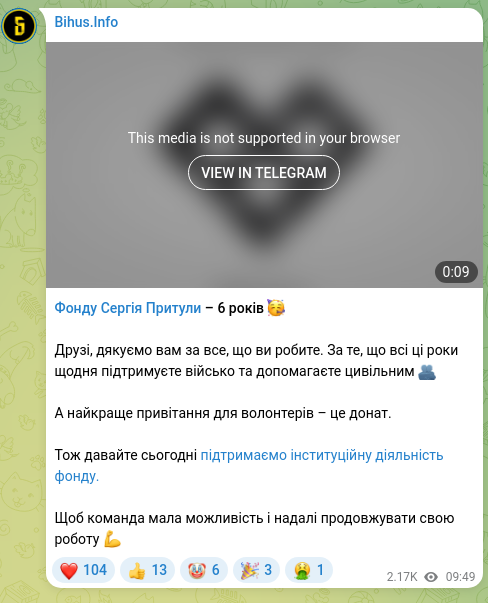 Screenshot of a Telegram post: Prytula Serhii Dmytrovych — Фонду Сергія Притули – 6 років 🥳 Друзі, дякуємо вам за все, що в…