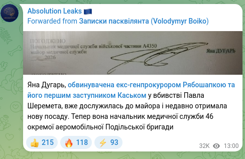 Скріншот Telegram-публікації: Дугарь Яна Сергіївна — Яна Дугарь, обвинувачена екс-генпрокурором Рябошапкою та його першим за…