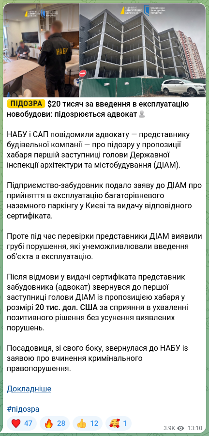 Screenshot of a Telegram post: 👤👤👤👤 $20 тисяч за введення в експлуатацію новобудови: підозрюється адвокат…