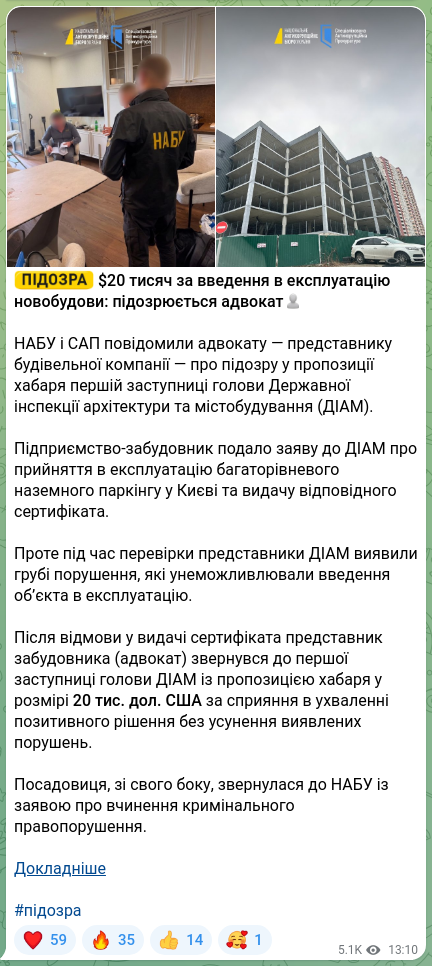 Screenshot of a Telegram post: 👤👤👤👤 $20 тисяч за введення в експлуатацію новобудови: підозрюється адвокат…