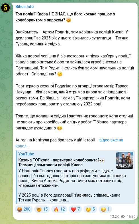 Screenshot of a Telegram post: Rodihin Artem Serhiyovych — Топ поліції Києва НЕ ЗНАЄ, що його кохана працює з колаборантом з…