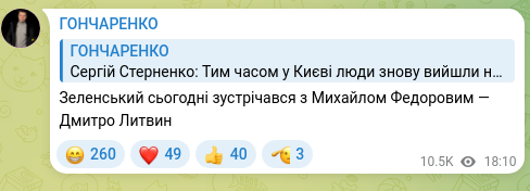 Screenshot of a Telegram post: Fedorov Mykhailo Albertovych — Зеленський сьогодні зустрічався з Михайлом Федоровим — Дмитро…