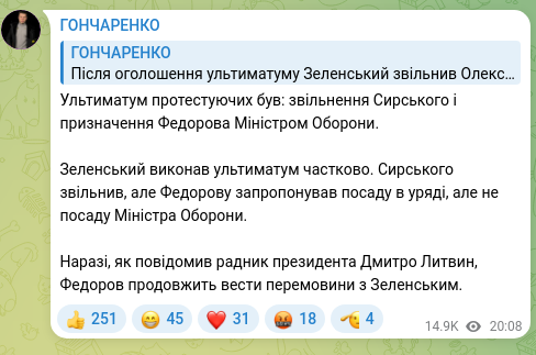 Screenshot of a Telegram post: Lytvyn Dmytro Volodymyrovych — Ультиматум протестуючих був: звільнення Сирського і призначенн…
