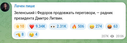 Screenshot of a Telegram post: Lytvyn Dmytro Volodymyrovych — Зеленський і Федоров продовжать переговори, — радник президент…