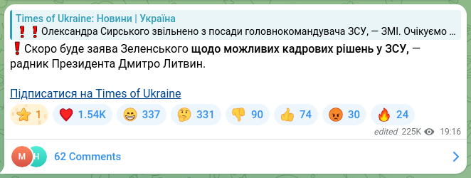 Screenshot of a Telegram post: Lytvyn Dmytro Volodymyrovych — ❗️Скоро буде заява Зеленського щодо можливих кадрових рішень…