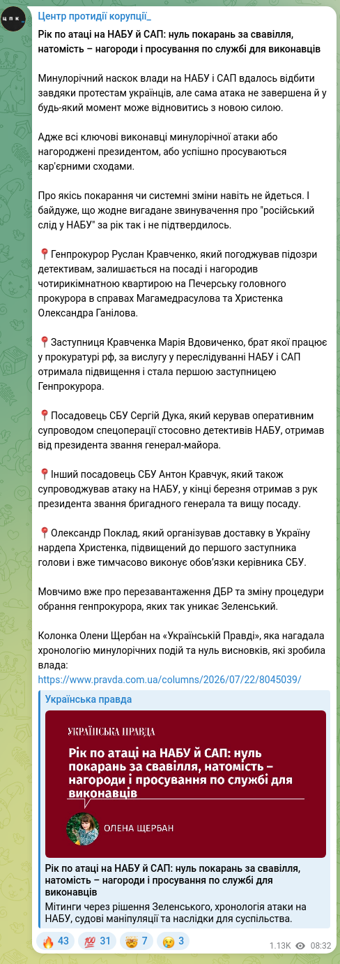 Screenshot of a Telegram post: Vdovychenko Maria Serhiivna — Рік по атаці на НАБУ й САП: нуль покарань за свавілля, натоміст…