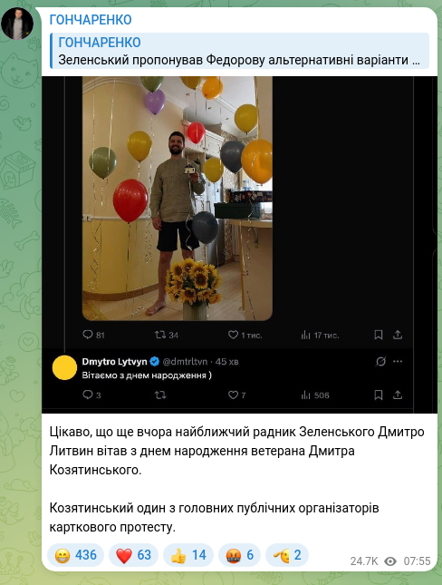 Screenshot of a Telegram post: Lytvyn Dmytro Volodymyrovych — Цікаво, що ще вчора найближчий радник Зеленського Дмитро Литви…