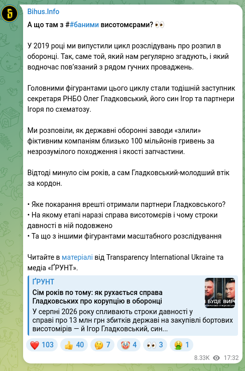 Screenshot of a Telegram post: А що там з ##баними висотомєрами? 👀 У 2019 році ми випустили цикл розслідувань…