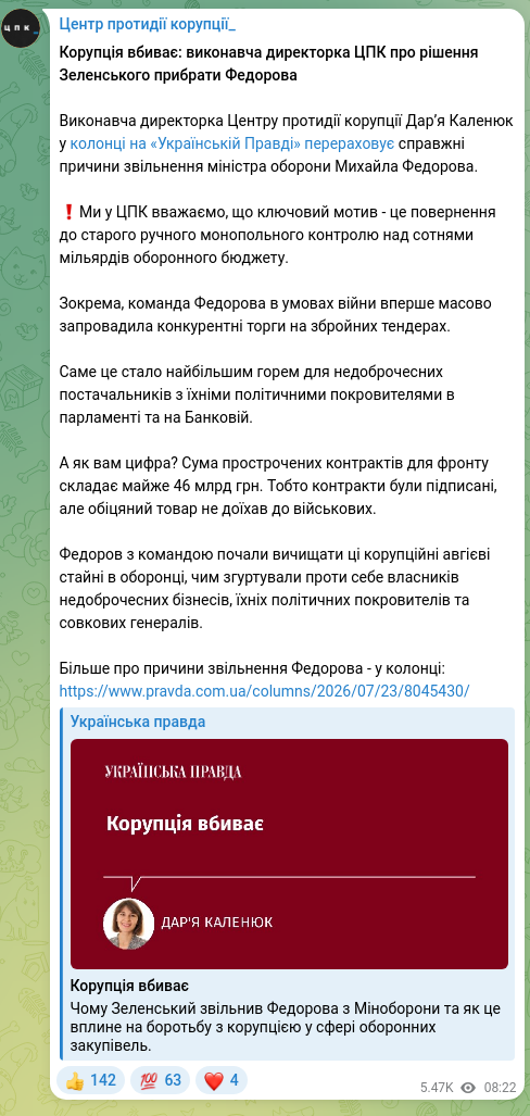 Скріншот Telegram-публікації: Федоров Михайло Альбертович — Корупція вбиває: виконавча директорка ЦПК про рішення Зеленськог…