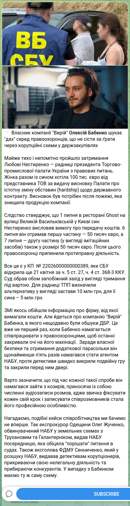 Screenshot of a Telegram post: Babenko Oleksii Mykolaïovych — 🔍 Власник компанії "Вирій" Олексій Бабенко шукає "дах" серед…