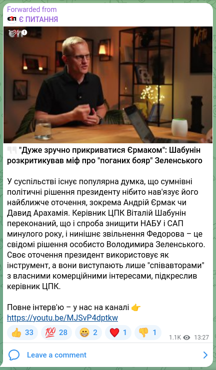 Screenshot of a Telegram post: Zelenskyy Volodymyr Oleksandrovych — 🗣 "Дуже зручно прикриватися Єрмаком": Шабунін розкритику…
