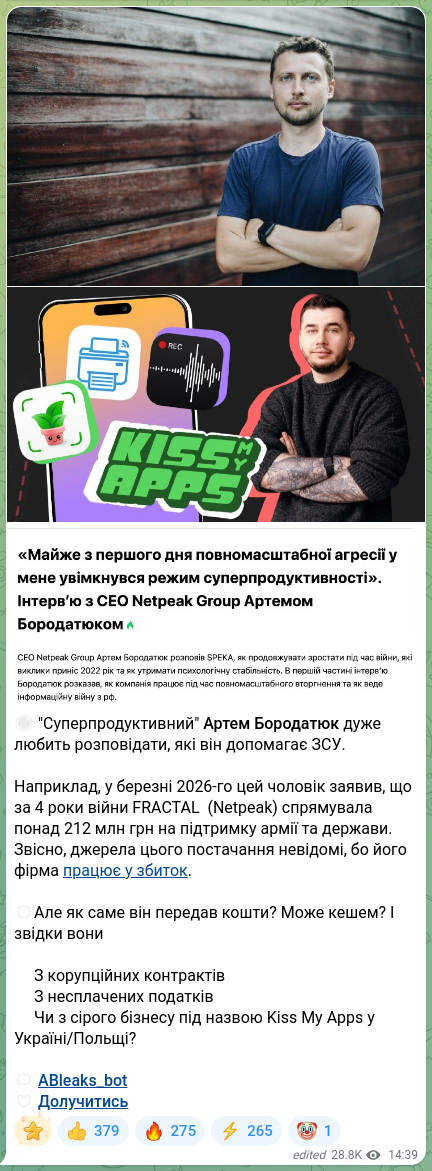 Скріншот Telegram-публікації: Бородатюк Артем Ігорович — 🚫 "Суперпродуктивний" Артем Бородатюк дуже любить розповідати, які…