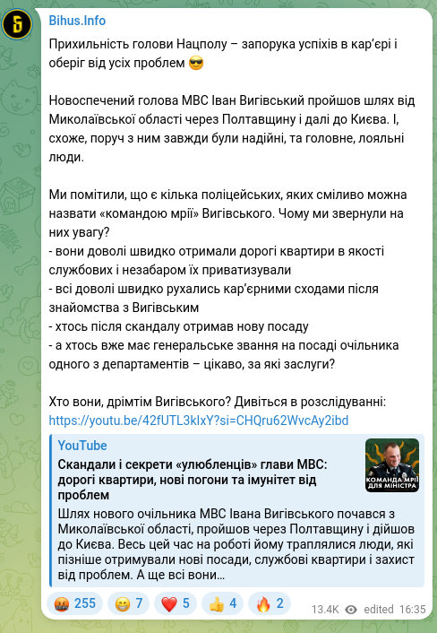 Screenshot of a Telegram post: Прихильність голови Нацполу – запорука успіхів в карʼєрі і оберіг від усіх проб…
